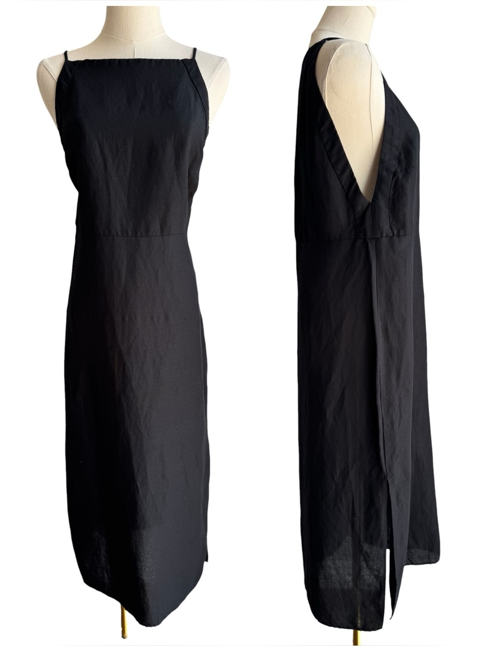 Zara Linen Blend Midi Dress Sz M Black Square Neckline Timeless Capsule Summer